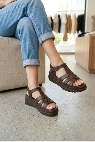 Shoetek Estafra Kadın Sandalet Bilekten Bağlı Çapraz Bantlı Kahverengi Deri Kahve Cilt