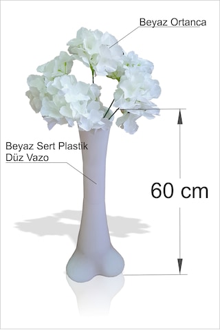 Uzun 60 Cm Beyaz Konik Vazo Ve Ortanca 50 Cm Kaliteli Yapay Çiçek