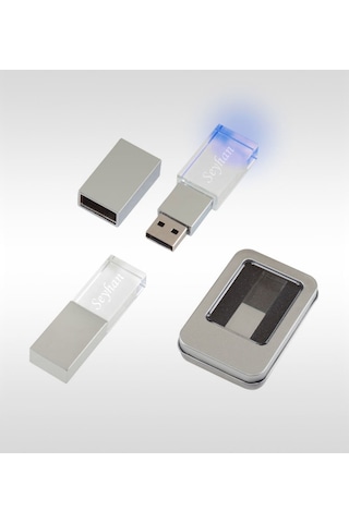 Kişiye Özel F-139-32 Kristal Usb Bellek 32 Gb Mavi Işıklı