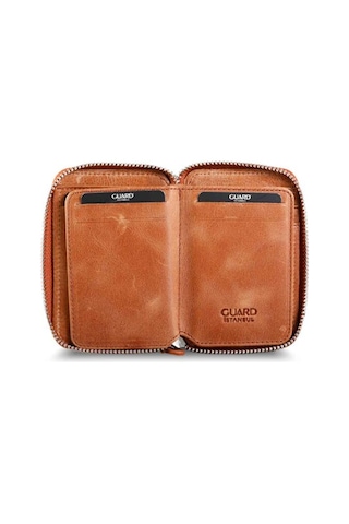 Guard Fermuarlı Antik Taba Hakiki Deri Mini Erkek Cüzdan P796 Taba