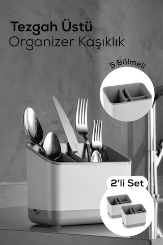 Vienev 2 Adet Tezgah Üstü Kaşık Düzenleyici 5 Bölmeli Organizer Kaşıklık Gri