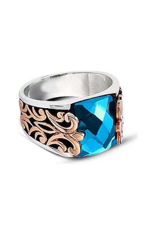 Kuyumcudukkanı Baget Taşlı Yanı Bronz Parçalı Elyapımı Gümüş Erkek Yüzük-60009-w-blu 21 Beyaz