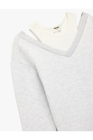 Koton Atlet Detaylı Uzun Kollu V Yaka Pamuklu Şardonlu Sweatshirt Gri Melanj 6wkg10560ak