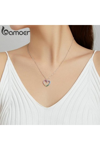 Bamoer 925 Ayar Gümüş Gökkuşağı Renkli Kalp Desen Aşk Göz Kamaştırıcı Zirkon Kolye Zincir Bağlantı Kadınlar Takı İçin