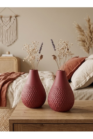 Kaveld Vela 2'li El Yapımı Mermer Tozu Vazo, Armut Form Minimalist Kuru Çiçek Vazоsu Crımsonkırmızı