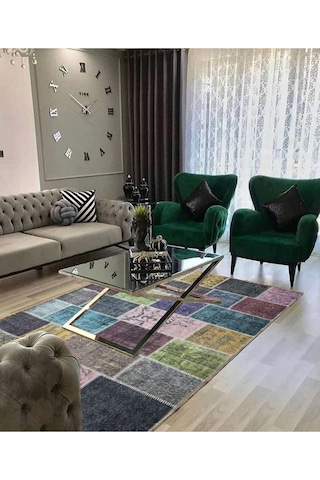 Patchwork2 Desenli Şönil Dokuma Taban Dekoratif Halı Kilim Yolluk Dijital Baskı Halı Yıkanabilir