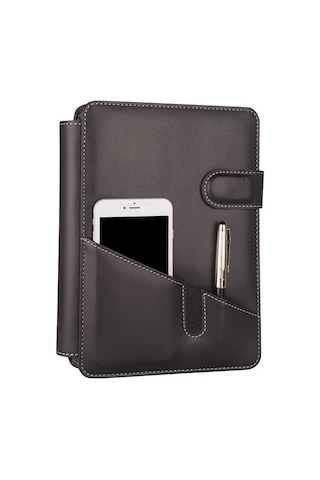 5281 Ajanda Tarihsiz Çizgili 17x24 Ajanda Defter 160 Yaprak Ivory Kağıt Suni Deri Telefon Kılıflı Hesap Makineli Organizer, Siyah Çok Renkli