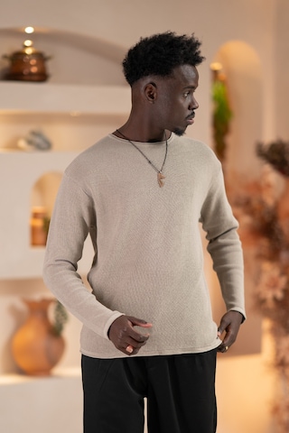 Regular Fit Likralı Kendinden Çizgili Mevsimlik Spor Kazak Vizon