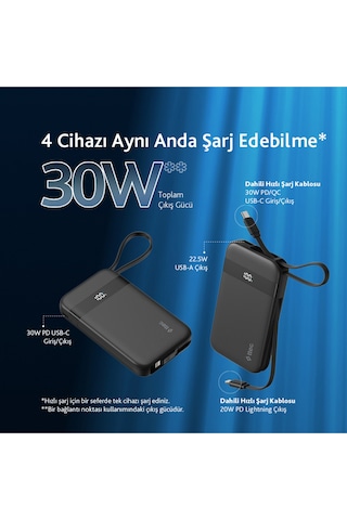 Ttec 2BB225S Recharger Pro LCD 10.000 mAh PD 30W Lightning Ve USB-C Dahili Kablolu Taşınabilir Powerbank