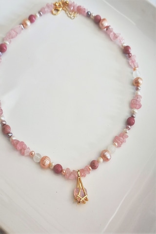 Badeaccessories Pembe Kuvars Kültür İncileri Rodonit Selenit Doğal Taş Kolye