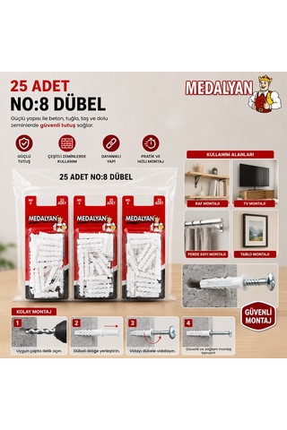 Medalyan Dl-47 Beyaz Plastik Dübel No 8 - 25 Adet