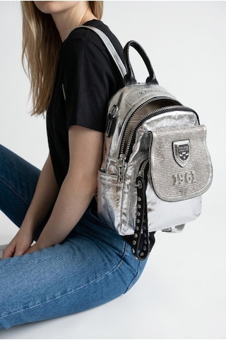 Baginn Kadın Sırt Çantası Taşlı Model Black-silver 25 19 Cm Günlük Mini Sırt Çantası Fonksiyonel Kullanım Gümüş
