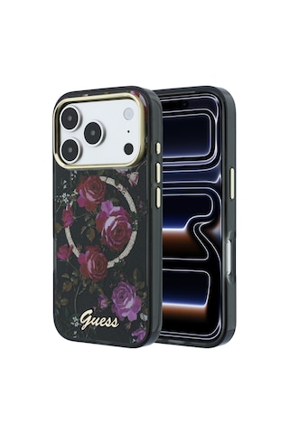 Apple iPhone 18 Pro Uyumlu Kılıf Guess Lisanslı M-safeli Gül Desenli Simli Yazı Logolu Kapak Siyah