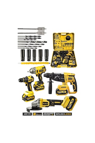 Assur Asr1192 Profesyonel Akülü Kömürsüz 4 Lü Matkap Seti 21v 3ah - 800nm Somun Sökme, 26mm Kırıcı Delici, 13mm Darbeli Vidalama, 125mm Avuç Taşlama Sarı