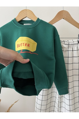 Magu Çocuk Butter Baskılı Yeşil Sweatshirt Ve Ekru Kareli Eşofman Takım Çok Renkli