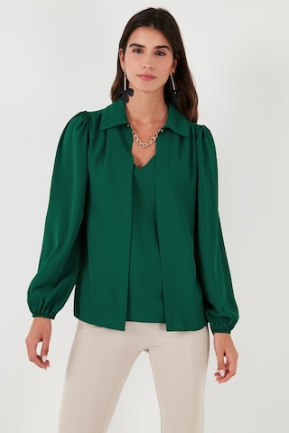 Lela Regular Fit V Yaka Balon Kol Bayan Bluz 611Bz0353 Zümrüt