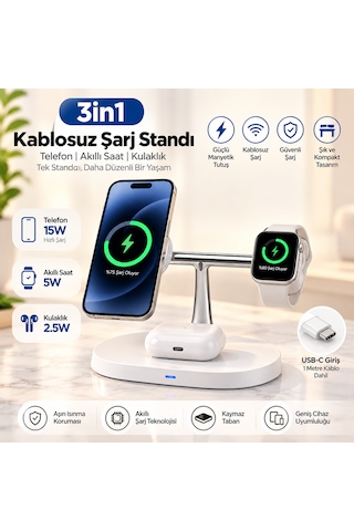 3in 1 Kablosuz Şarj Standı 15w Telefon Akıllı Saat Kulaklık Şarj İstasyonu 15w Kablosuz Şarj