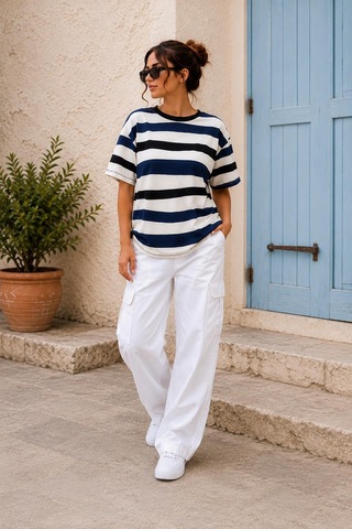 Alexandergardi Çizgili Oversize T-shirt Lacivert - Beyaz