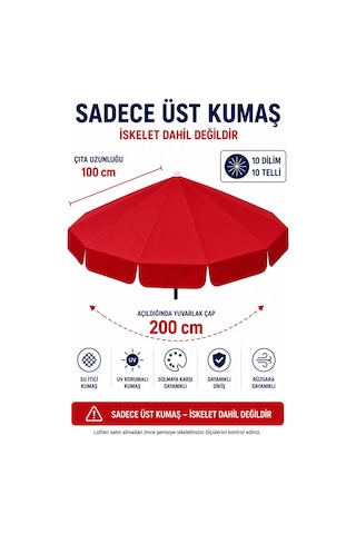 Kırmızı Polyester Kumaş, 200 Cm / 10 Telli Plaj Şemsiyesi Uyumlu
