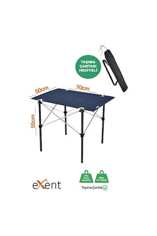 Exent 50x70 Cm Kamp Masası Katlanabilir Masa, Piknik Masası, Siyah Taşıma Çantalı-lacivert Çok Renkli