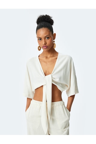 Koton Viskon Keten Karışımlı Kimono Kol Bağlama Detaylı Crop Bluz Bej Çizgili 5sak60199uw Ekru Çizgili Ekru