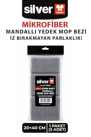 3'lü Mikrofiber Mandallı Mop Yedek Bezi 20x40 Cm Süper Emici Lazer Kesim İz Bırakmayan Tüm Standart Mandallı Moplarla Uyumlu Gri