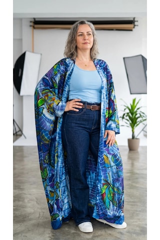 Byemelika %100 Pamuk, Bürümcük, Lastik Detay, Bohem Lidya Kaftan Beyaz Mavi