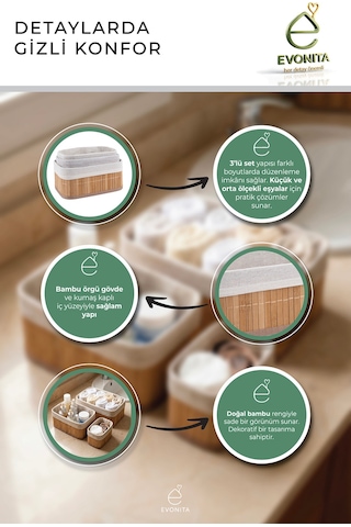 Bambu Organizer Seti 3 Parça Çok Amaçlı Banyo Mutfak Dolap İçi Düzenleyici Sepet Seti Şık Dayanıklı Renkli