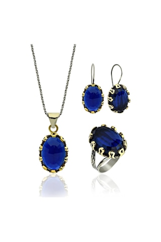 Safir Taşlı Otantik Gümüş Kadın Set