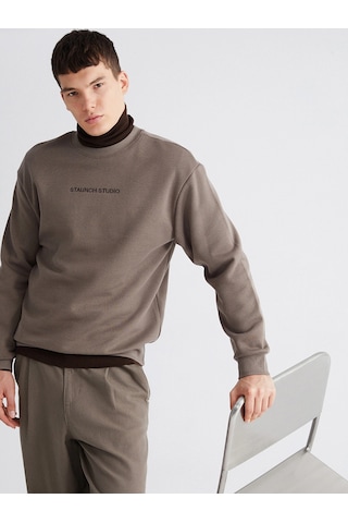 LC Waikiki Xsıde Kahverengi Bisiklet Yaka Nakışlı Erkek Kalın Sweatshirt Lıght Brown
