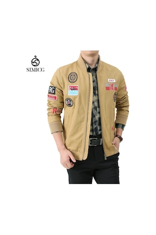 Erkek İlkbahar Ve Sonbahar Uzun Kollu İnce Beyzbol Yaka Baskılı Ceket Kahverengi
