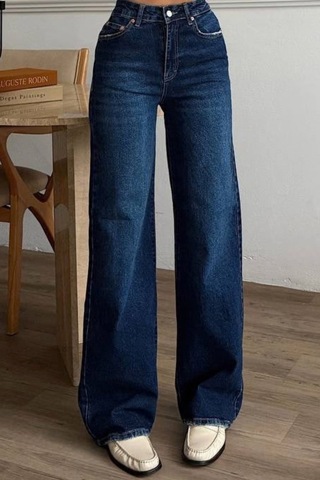 Balenbi Kadın Yüksek Bel Jean Yıkamalı Geniş Paça Palazzo Kot Pantolon 1239 - Premium Seri Koyu Mavi 2345