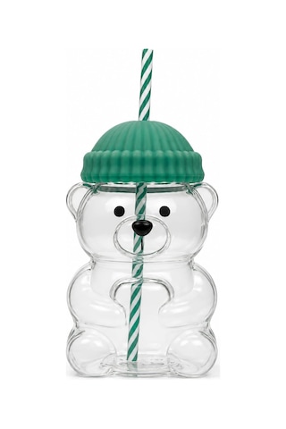 Orret Home 580 Ml Ayıcık Desenli Cam Bardak Pipetli Silikon Kapak Şeffaf Cam