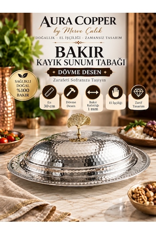 Dövme Bakır Kayık Sunum Tabağı Kapaklı Servis Sunumluk Gri - Gümüş
