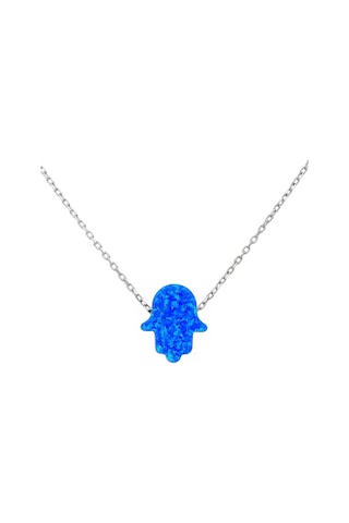 Mavi Opal Taşlı Fatma Ana Eli Gümüş Kolye Gümüş