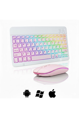 Microcase Rgb Tablet Ve Telefonlar İçin Bluetooth Klavye Ve Mouse Set - Al7815 Pembe