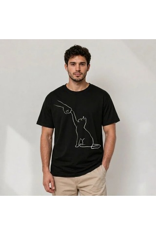 Defymoda Erkek Minimal Kedi Çizim Baskılı Tişört Kısa Kol Yazlık T-shirt - Siyah