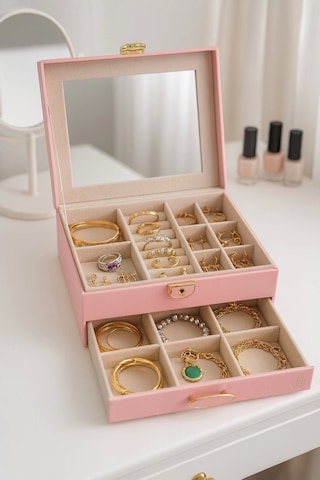Dışı Deri İçi Kadife Kilitli Çekmeceli Takı Bijuteri Mücevher Kutusu Organizer Düzenleyici Pembe İth