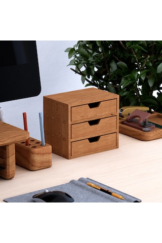 Desna Üç Katlı Üç Çekmeceli Mini Dolap - Kiraz 18 Cm Uzunluk X 12.1 Cm Derinlik X 15.8 Cm Woodsaka Doğal Ahşap