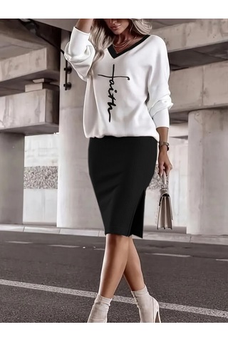 Kadın Uzun Kollu V Yakalı Iki Iplik Bluz Ve Şardonlu Kaşkorse Etek Ikili Takım Siyah