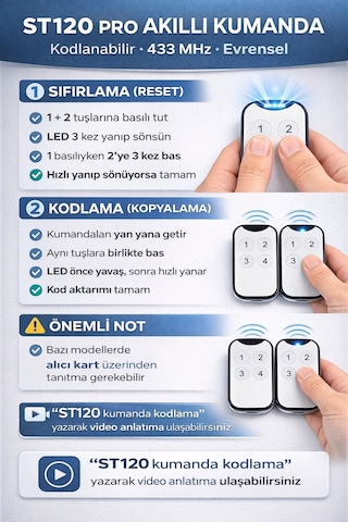 St120 Akıllı Kodlanabilir Kumanda 433 Mhz Nice, Bft, Hiland, Kontal Uyumlu Garaj Kepenk Kumandası