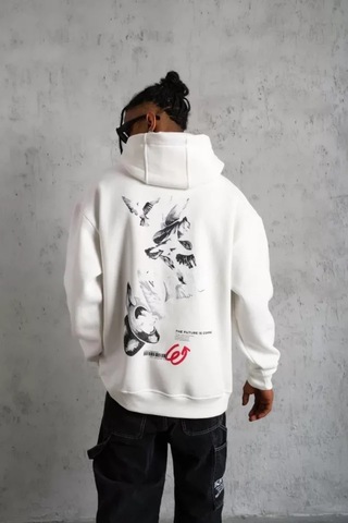 Veraura Lifestyle Erkek Şapkalı Güvercin Baskılı Kapşonlu Sweat - Beyaz S