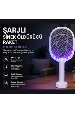 Şarjlı Sinek Öldürücü Raket 5w Mor Işık Uv Sinek Kovucu, Masaüstü Standlı, Usb Şarjlı Elektrikli Böcek Öldürücü 001