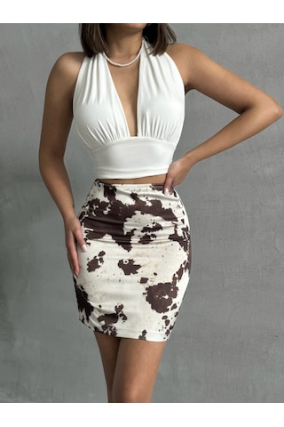 Kadın Desenli Saten Etek Ekru