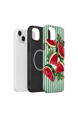Apple iPhone Uyumlu 13 Vorian Çift Katmanlı Magsafe Kılıf Watermelon Cabana