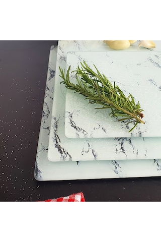 Decorita Cam Kesme Tahtası | Beyaz Mermer Görünümlü | 3'lü Takım