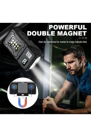 Mını Usb Şarj Edilebilir Led El Feneri Taşınabilir Kuyruk Mıknatıslı El Feneri Siyah