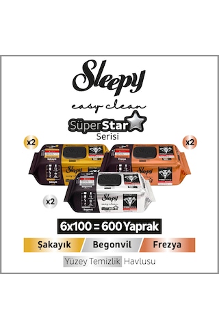 Sleepy Easy Clean Süperstar Yüzey Temizlik Havlusu Mendili Begonvil+frezya+şakayık 6x100 600 Yaprak Beyaz