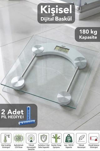 Kişisel Cam Dijital Baskül - Lcd Ekranlı Batarya Göstergeli 180kg Kapasiteli Tartı