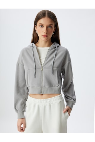 Koton Crop Kapüşonlu Fermuarlı Sweatshirt Cepli Uzun Kollu Gri 5wak10056ek Gri